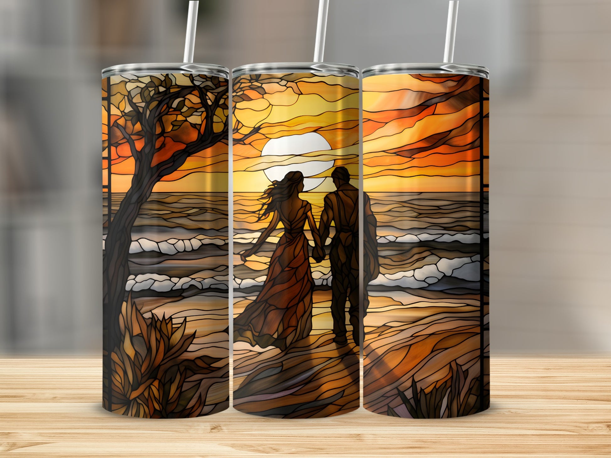 Two people silhouetted against a stained-glass sunset on a beach.