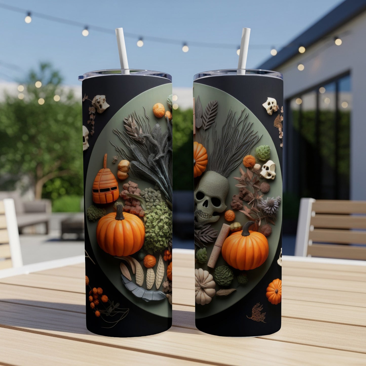 Two tumblers with Halloween-themed designs featuring pumpkins, skulls, and fall foliage.
