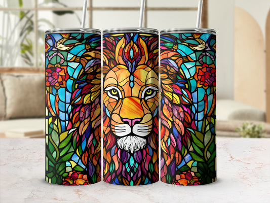 Stained glass lion tumbler with colorful floral accents.