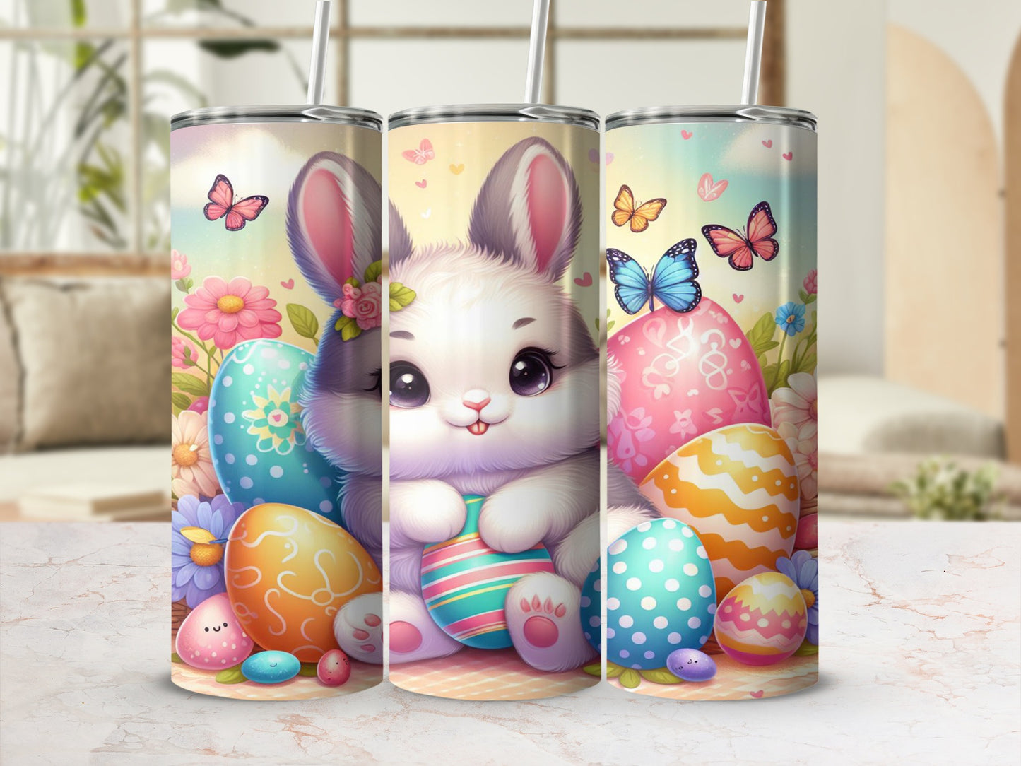 Cute Easter bunny holding an egg, surrounded by colorful eggs and butterflies.