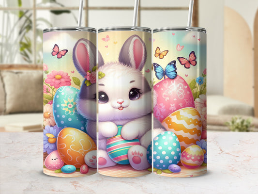 Cute Easter bunny holding an egg, surrounded by colorful eggs and butterflies.