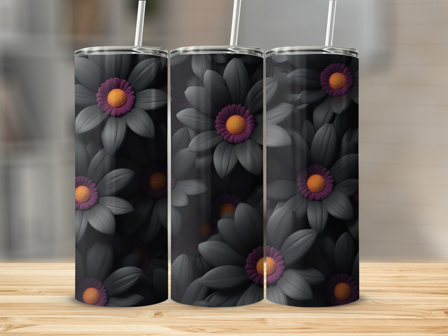 Three tumblers with dark floral patterns featuring purple centers.