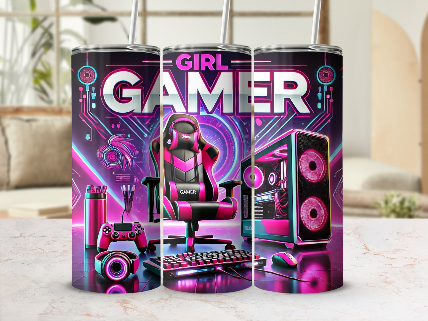 Gaming setup tumbler with "GIRL GAMER" text, chair, keyboard, mouse, and PC.