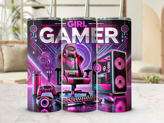 Gaming setup tumbler with "GIRL GAMER" text, chair, keyboard, mouse, and PC.