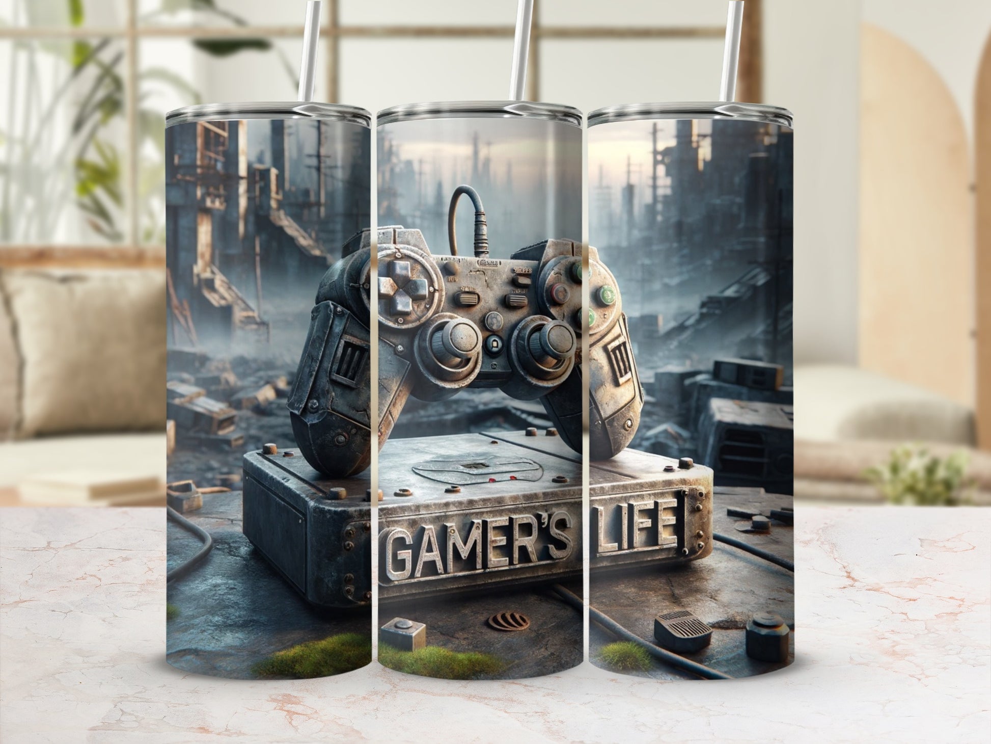 Distressed video game controller on "GAMER'S LIFE" platform, cityscape background.