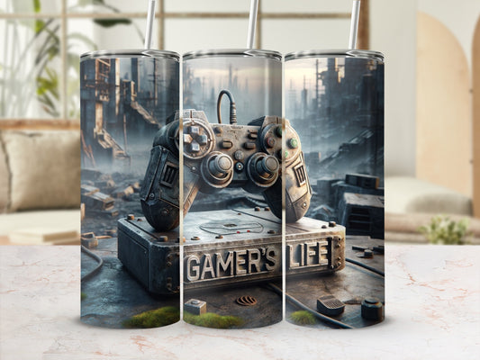 Distressed video game controller on "GAMER'S LIFE" platform, cityscape background.