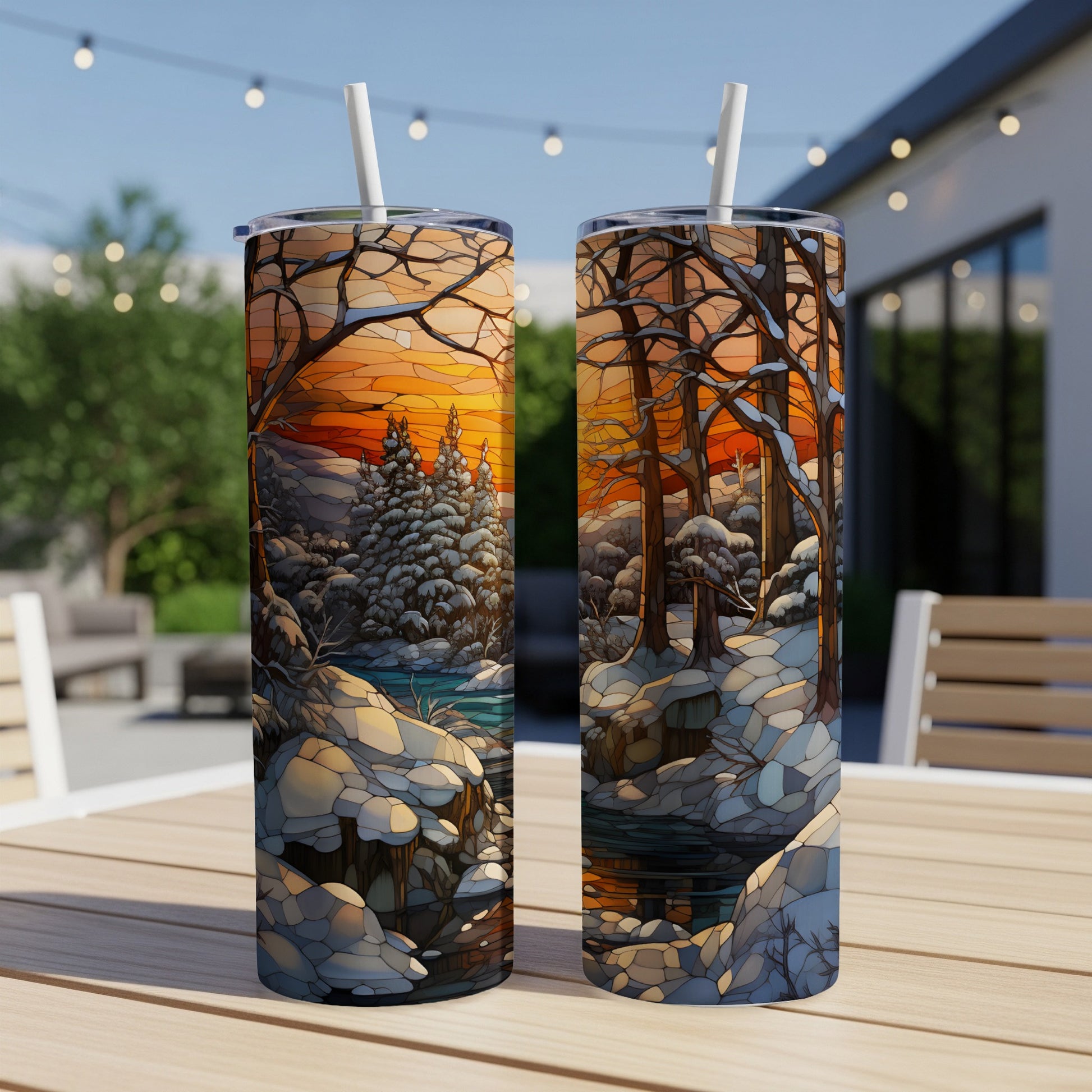 Two tumblers with a stained-glass winter forest scene at sunset.