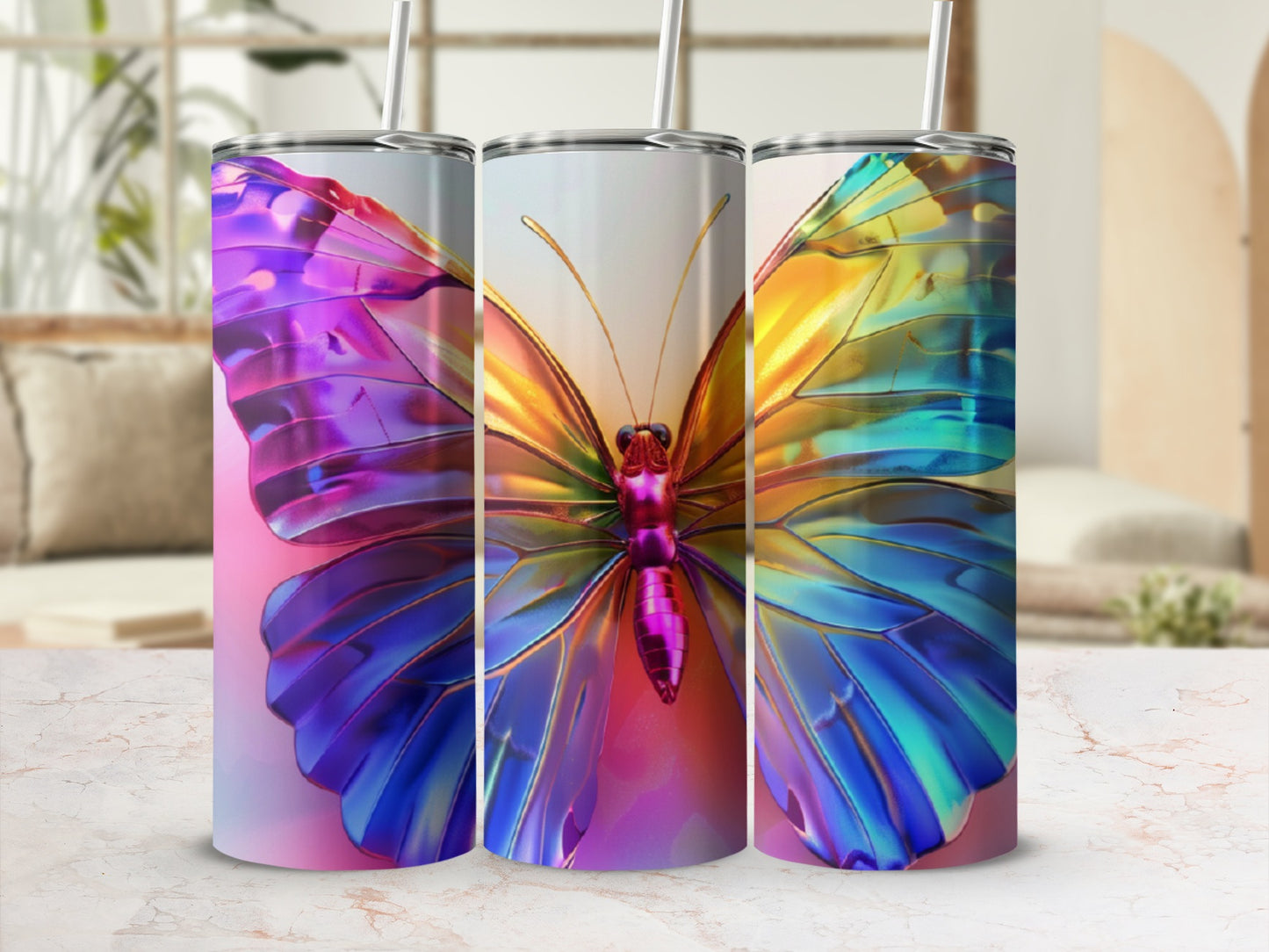 Tumbler with iridescent butterfly wings design.