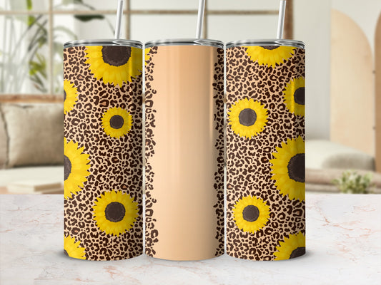 Tall tumbler with sunflowers and leopard print pattern.