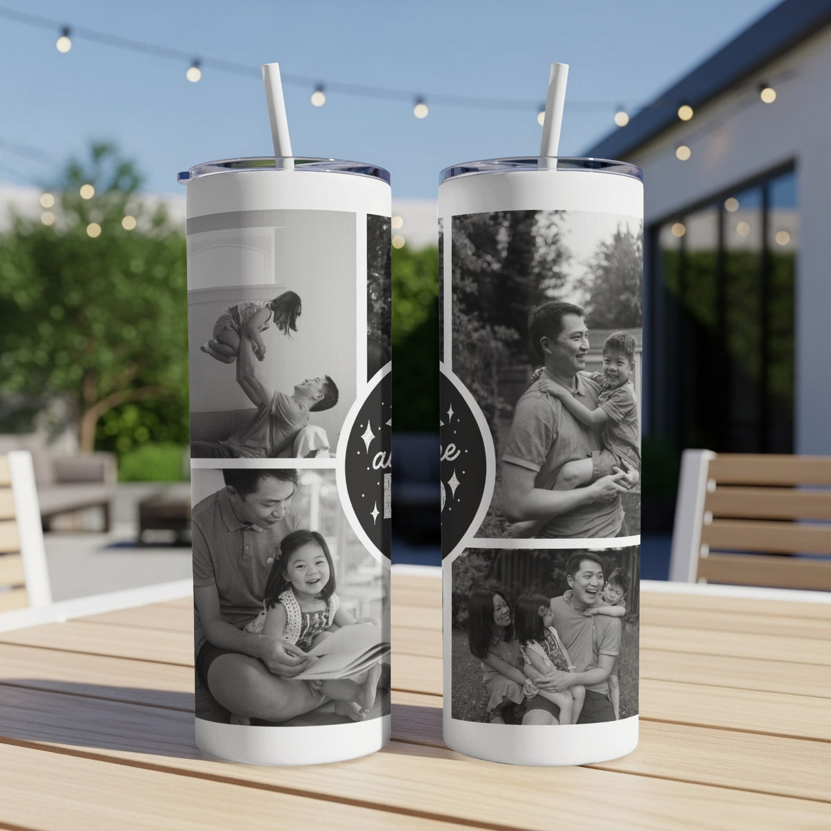 Tumbler with collage of black and white photos of a father and children.