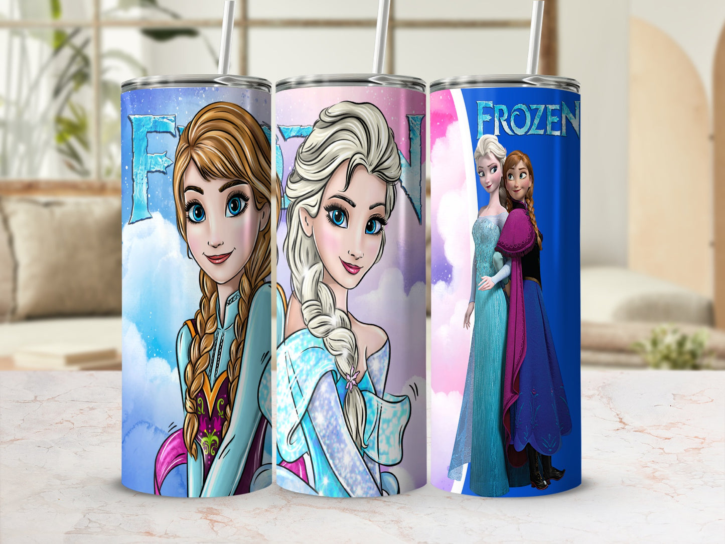 Elsa and Anna from Frozen on a blue and pink tumbler with straws.