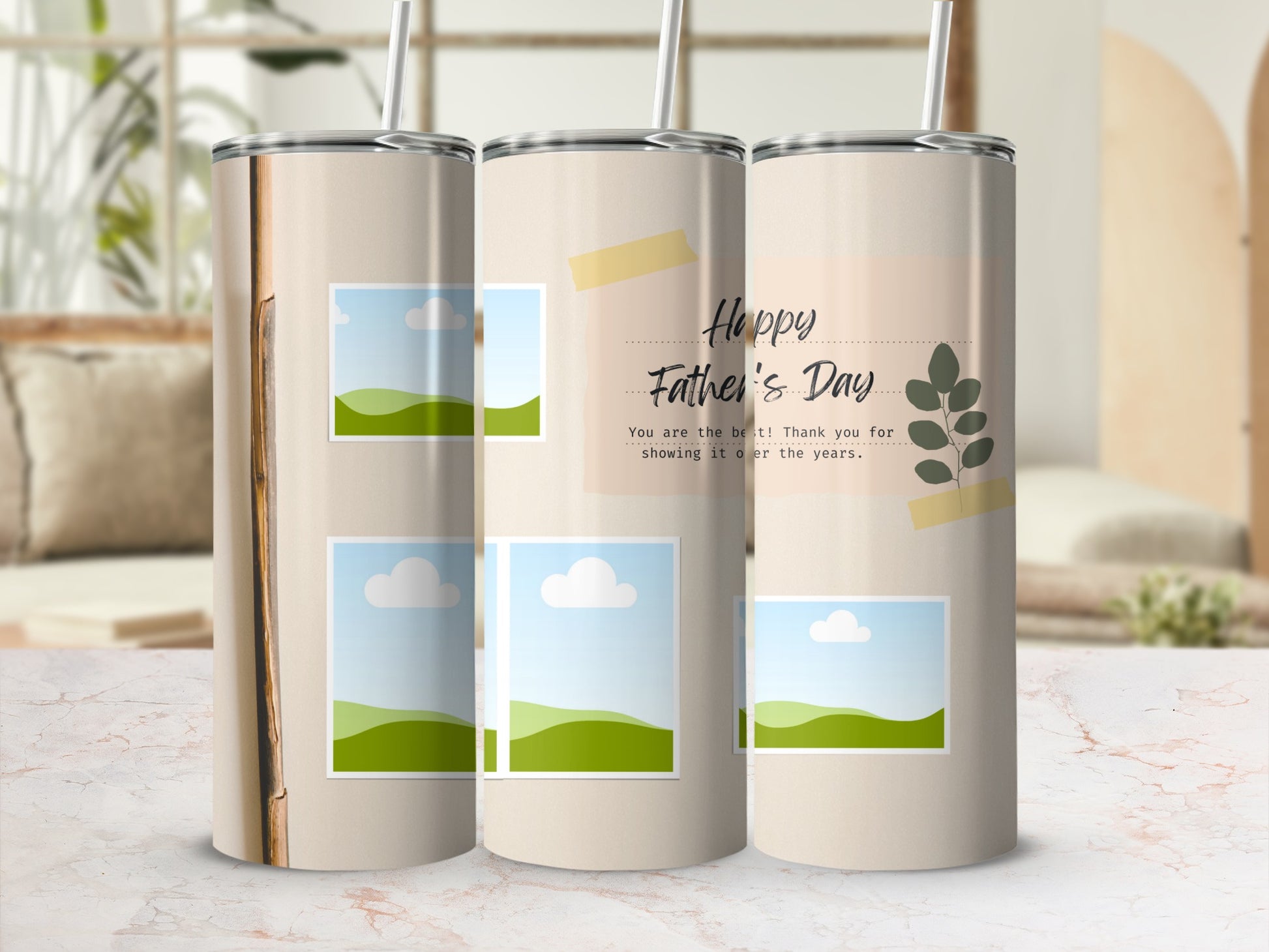 Travel tumblers with "Happy Father's Day" text and photo placeholders.