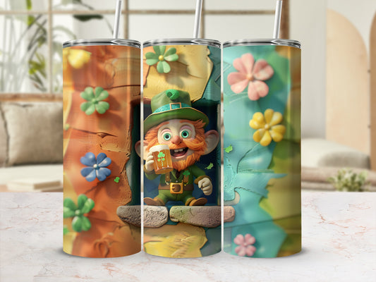 Leprechaun in a green hat holds a beer mug, with floral accents on tumblers.