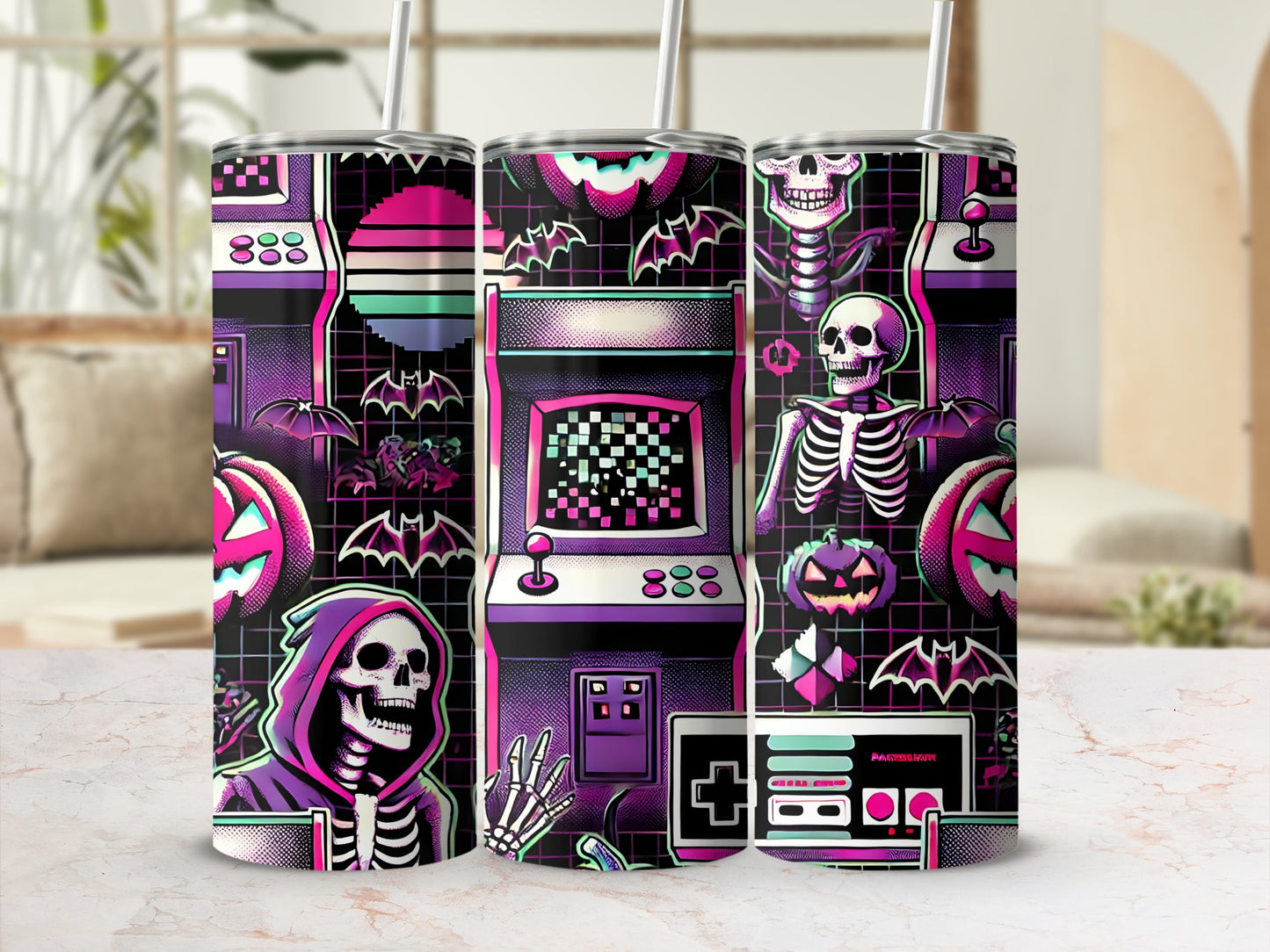 Tapered tumbler with spooky retro video game and skeleton graphics.