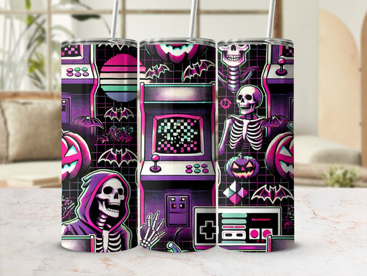 Tapered tumbler with spooky retro video game and skeleton graphics.
