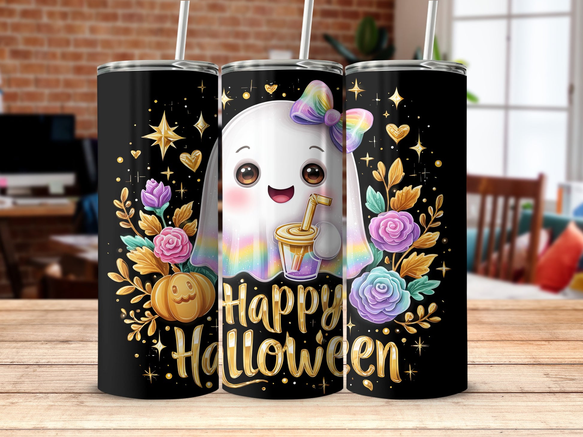 Happy Halloween Cute Ghost with Floral Design Tumbler
