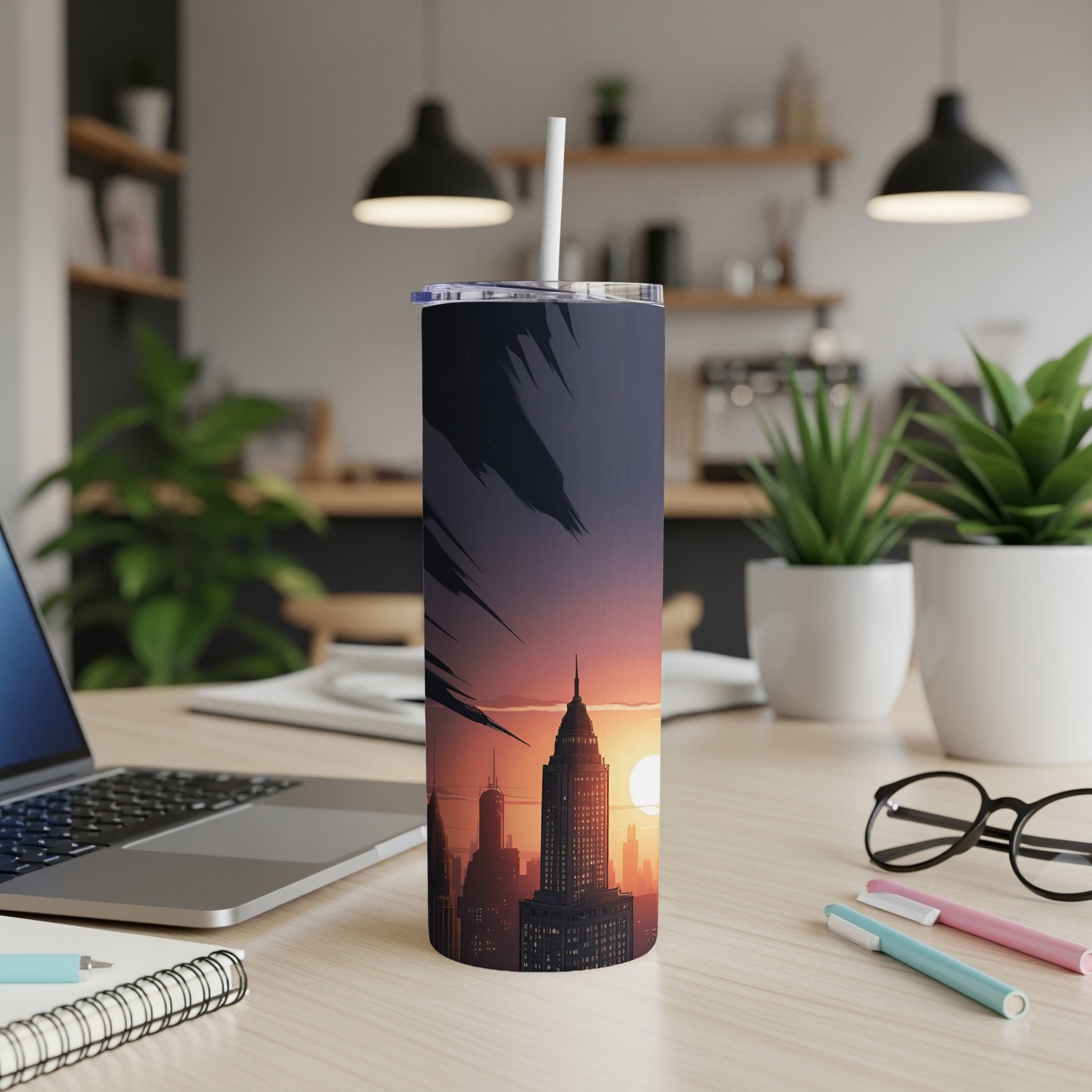 Tumbler with New York City skyline sunset illustration.