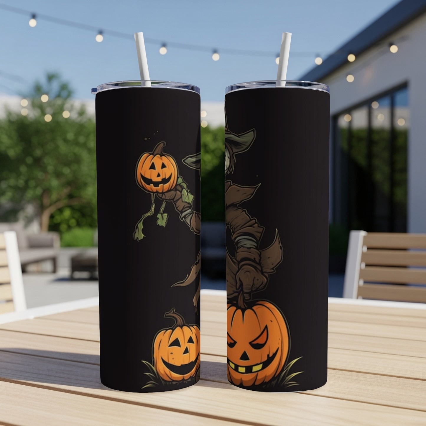 Two black tumblers with spooky scarecrow and pumpkin Halloween illustrations.