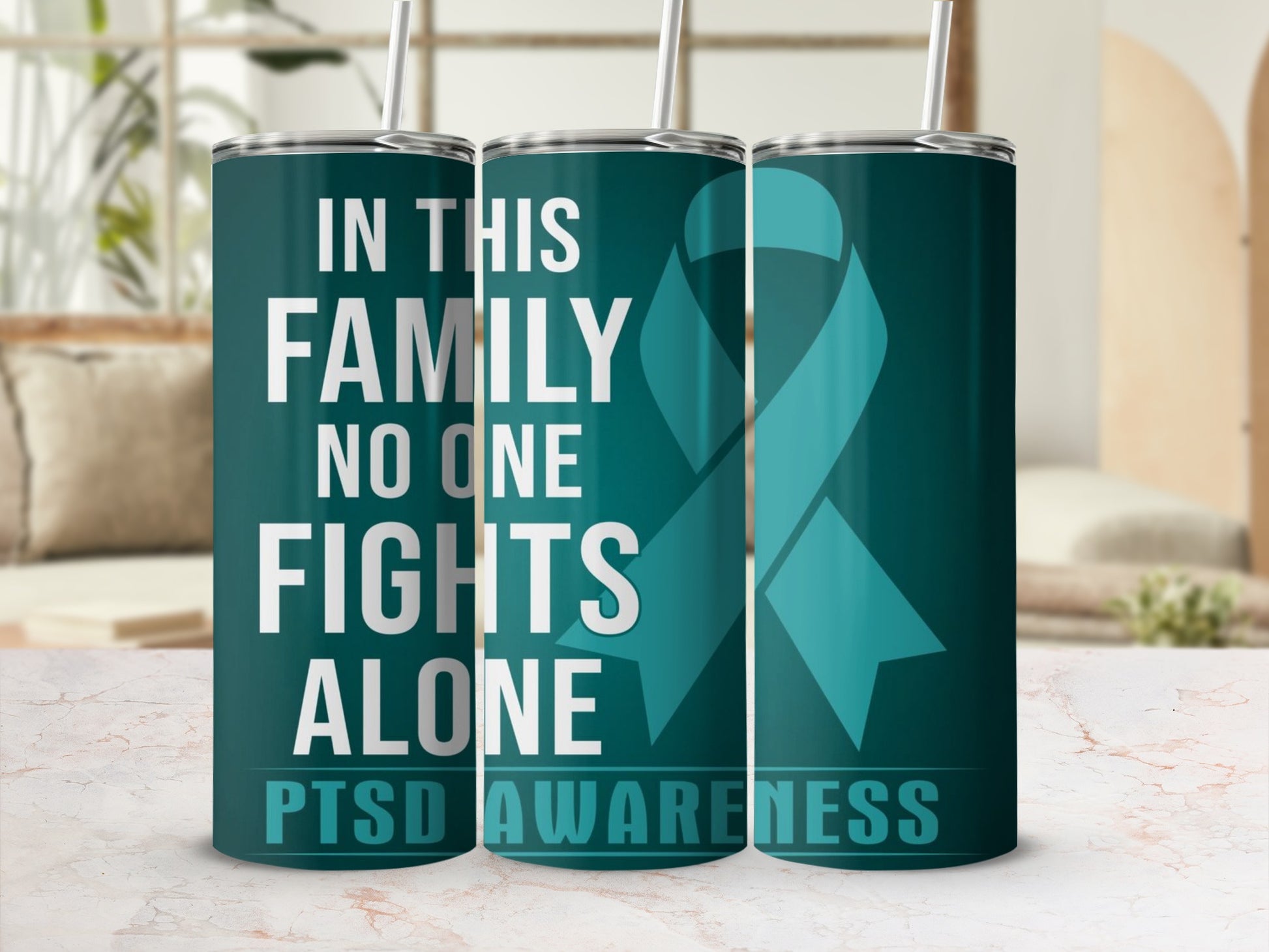 In This Family No One Fights Alone PTSD Awareness Tumbler