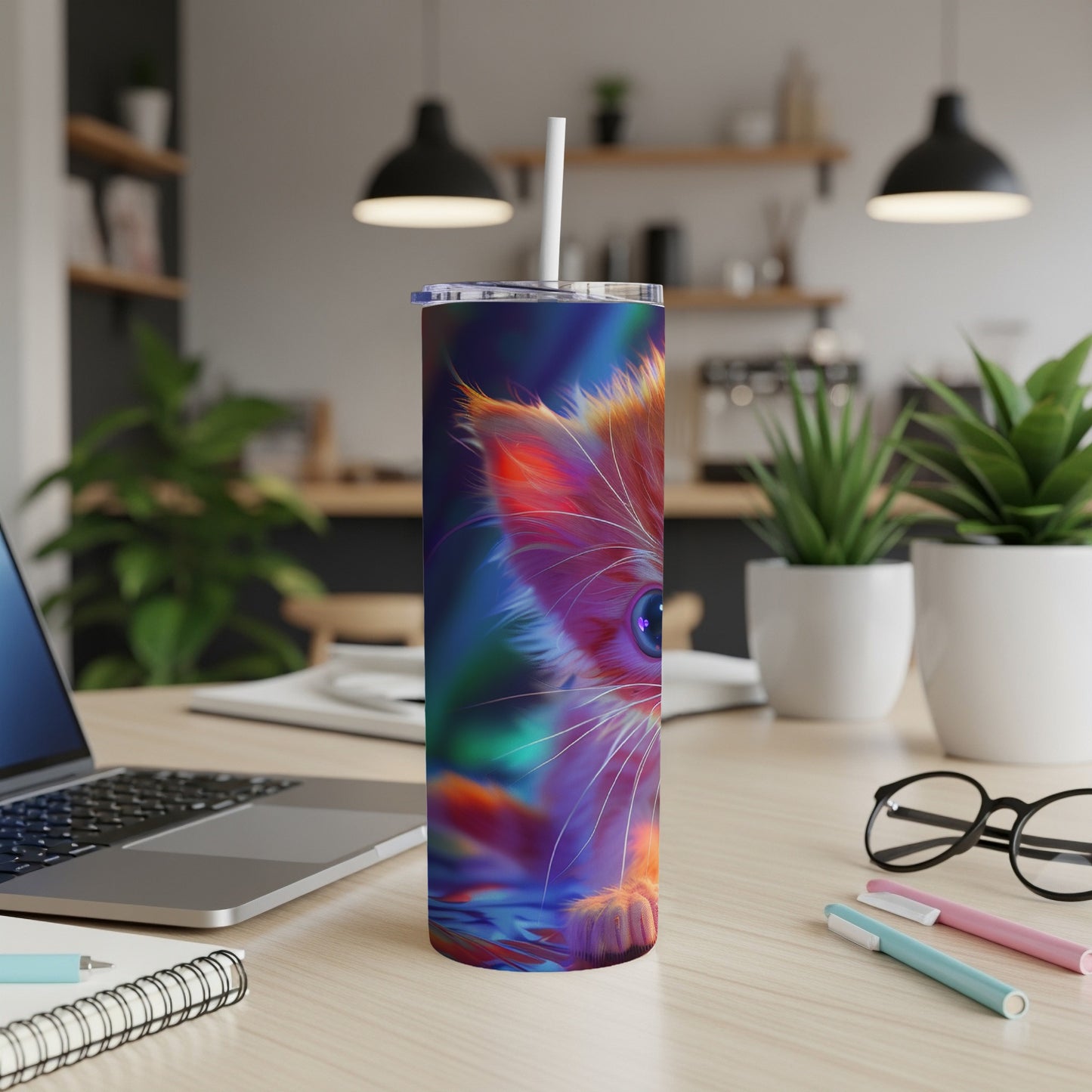 Tumbler with a close-up of a brightly colored, abstract cat face.