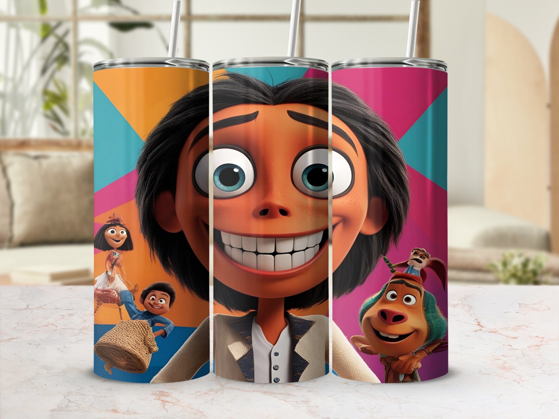 Three cartoon characters on tumblers with colorful geometric background.