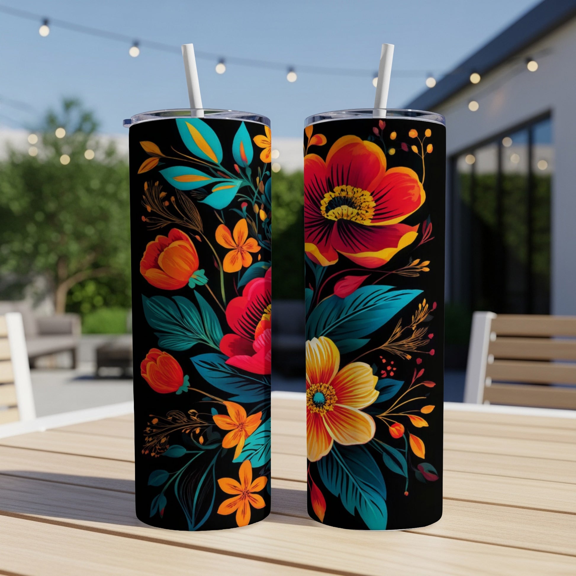 Two black tumblers with vibrant floral patterns and straws.
