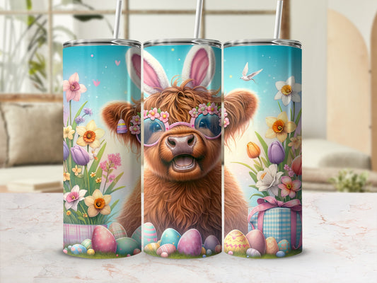 Fluffy highland cow with bunny ears and sunglasses, surrounded by Easter eggs and flowers.