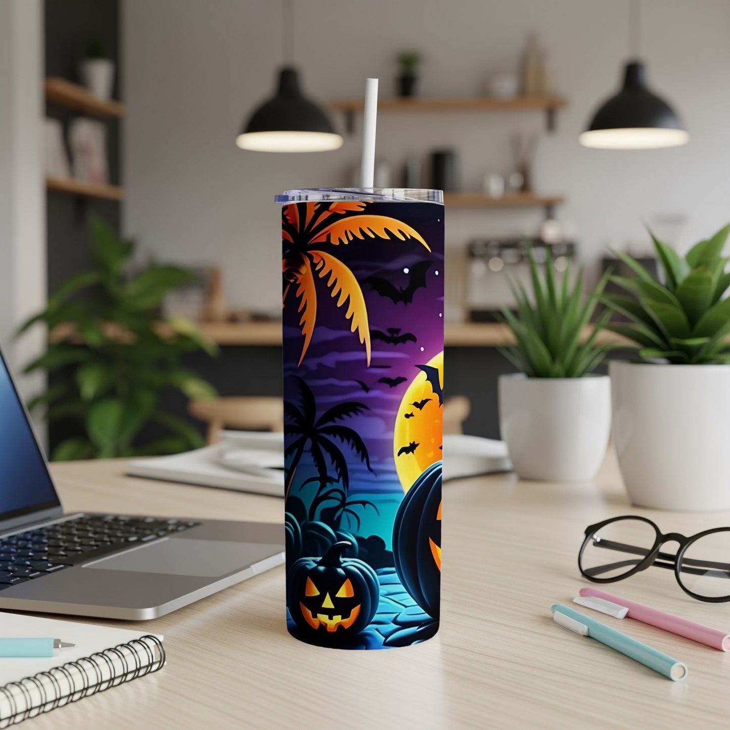 Tumbler with Halloween pumpkins, palm trees, bats, and a full moon on purple sky.