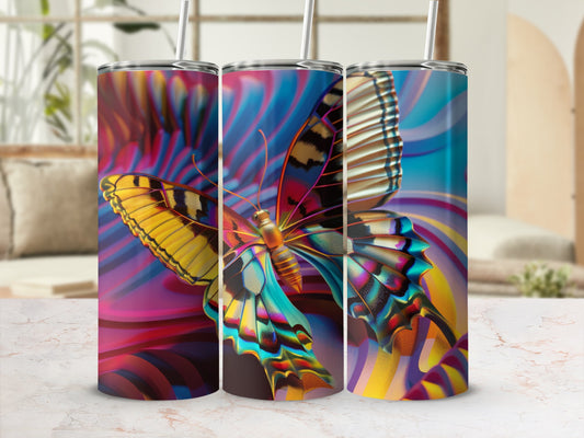 Butterfly tumbler with colorful abstract background.