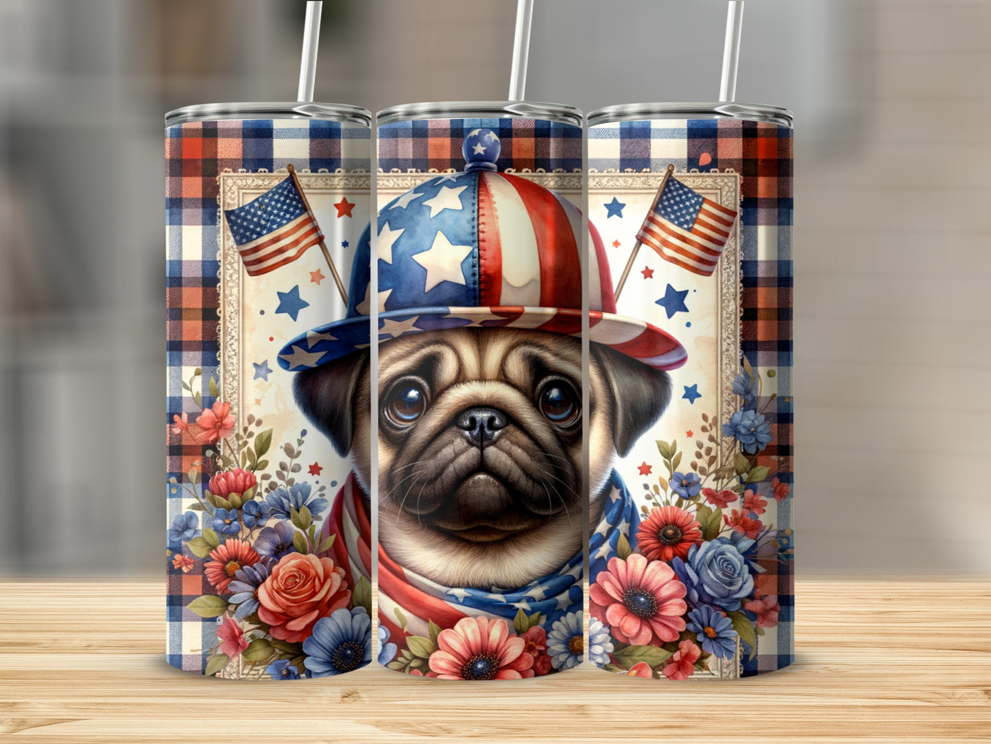 Patriotic pug in a star-spangled hat with flags and flowers.