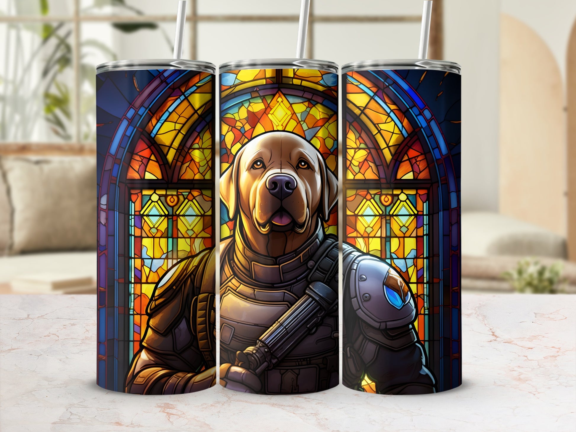 Labrador dog in knight's armor with stained glass window background.