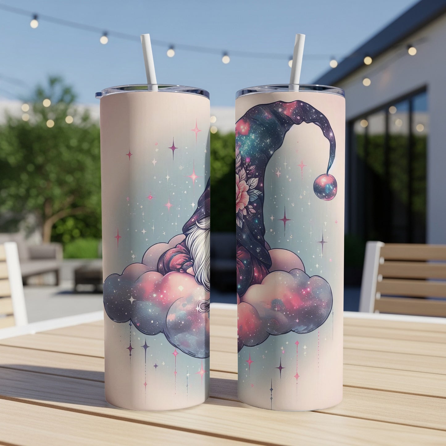 Two tumblers with a gnome on a galaxy cloud design.