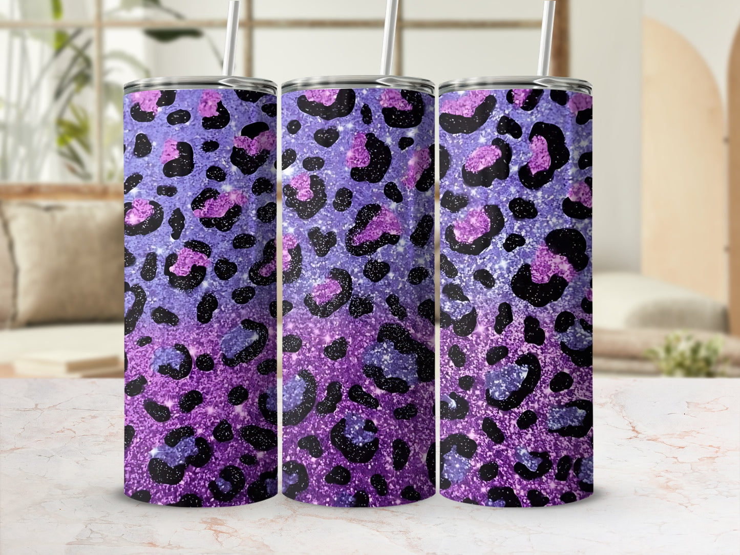 Purple and Black Glitter Leopard Skin Design Tumbler