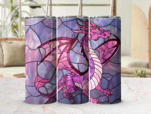 Pink dragon with stained glass wings on a tumbler.