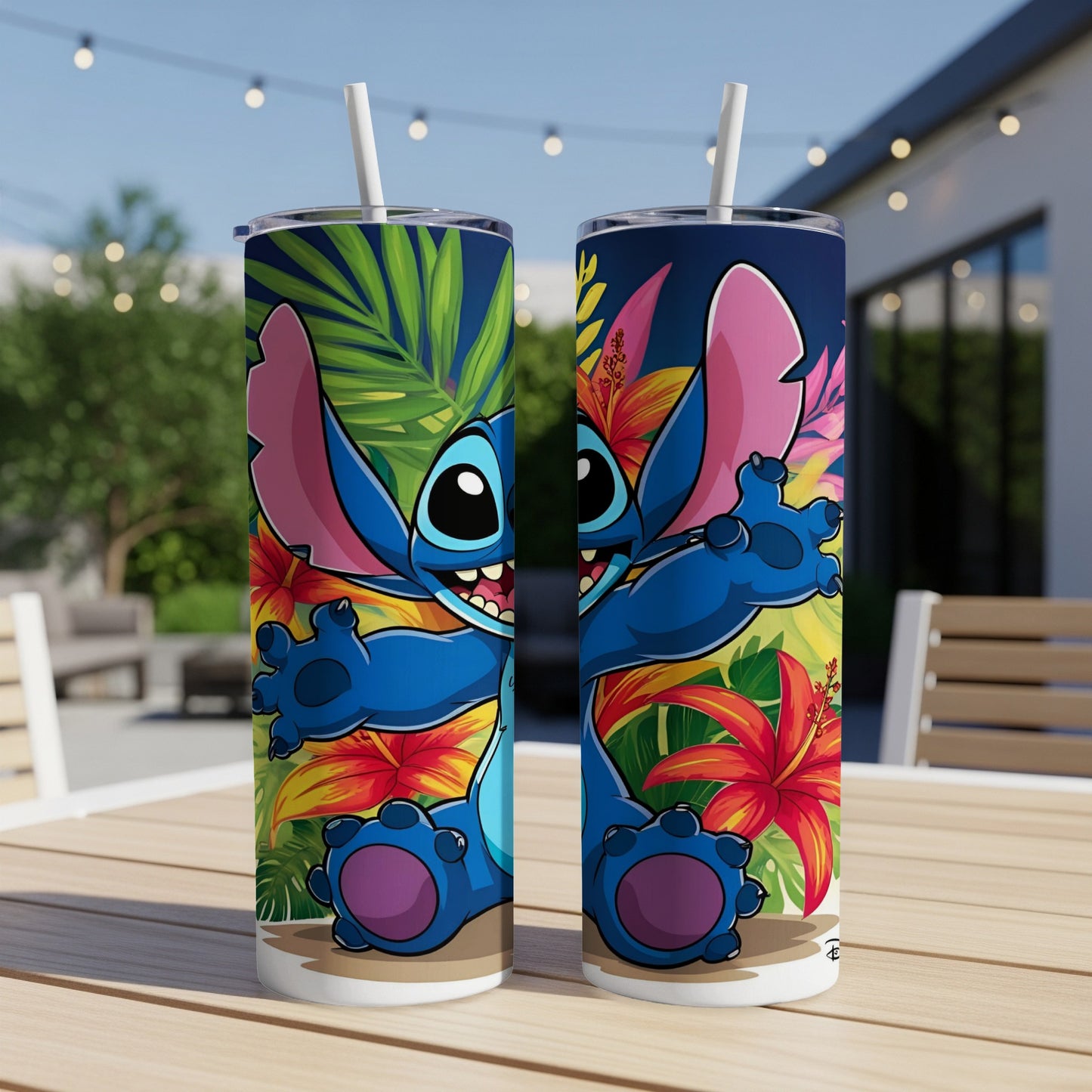 Stitch from Lilo & Stitch with tropical flowers on a skinny tumbler.