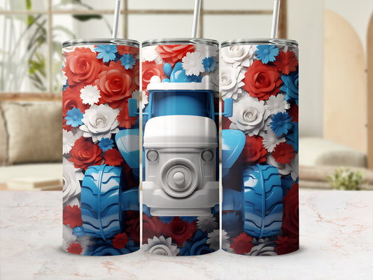 Tumbler with red, white, and blue flowers and a tractor design.
