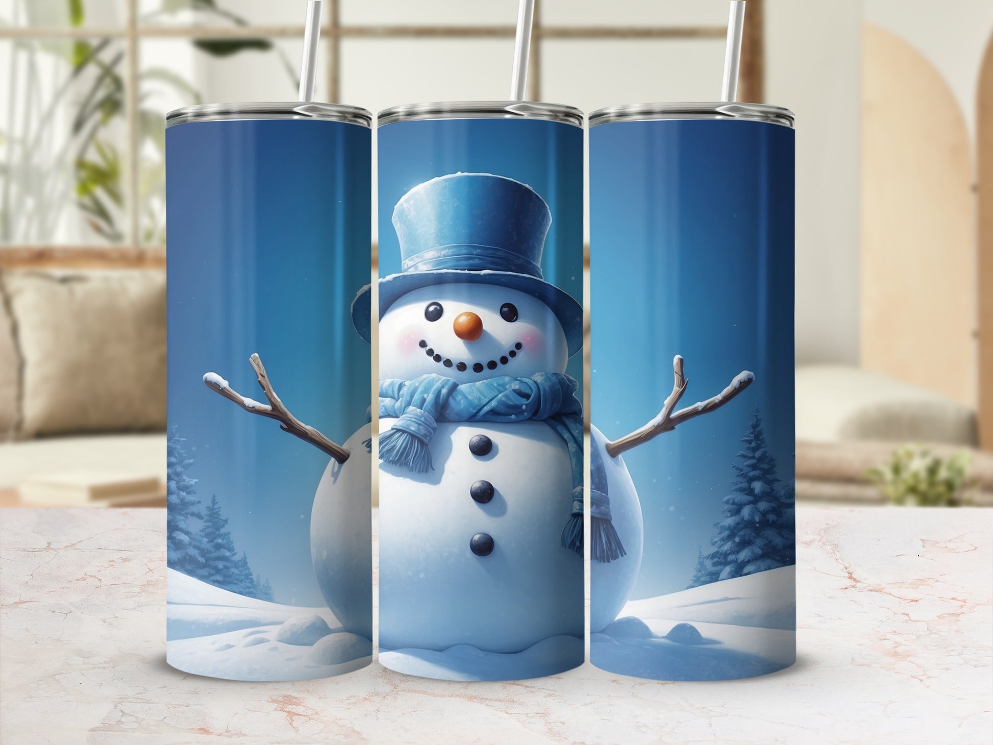 Three tumblers featuring a smiling snowman wearing a blue hat and scarf.