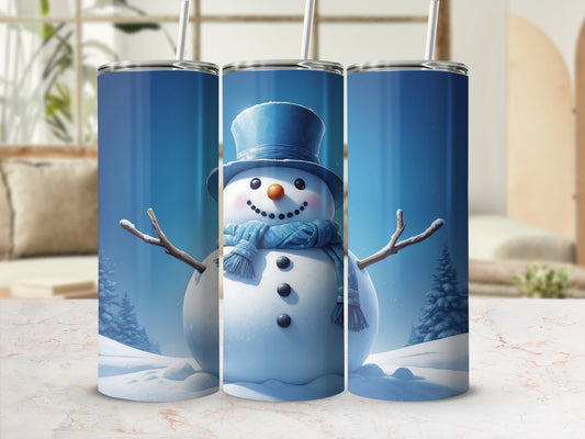 Three tumblers featuring a smiling snowman wearing a blue hat and scarf.