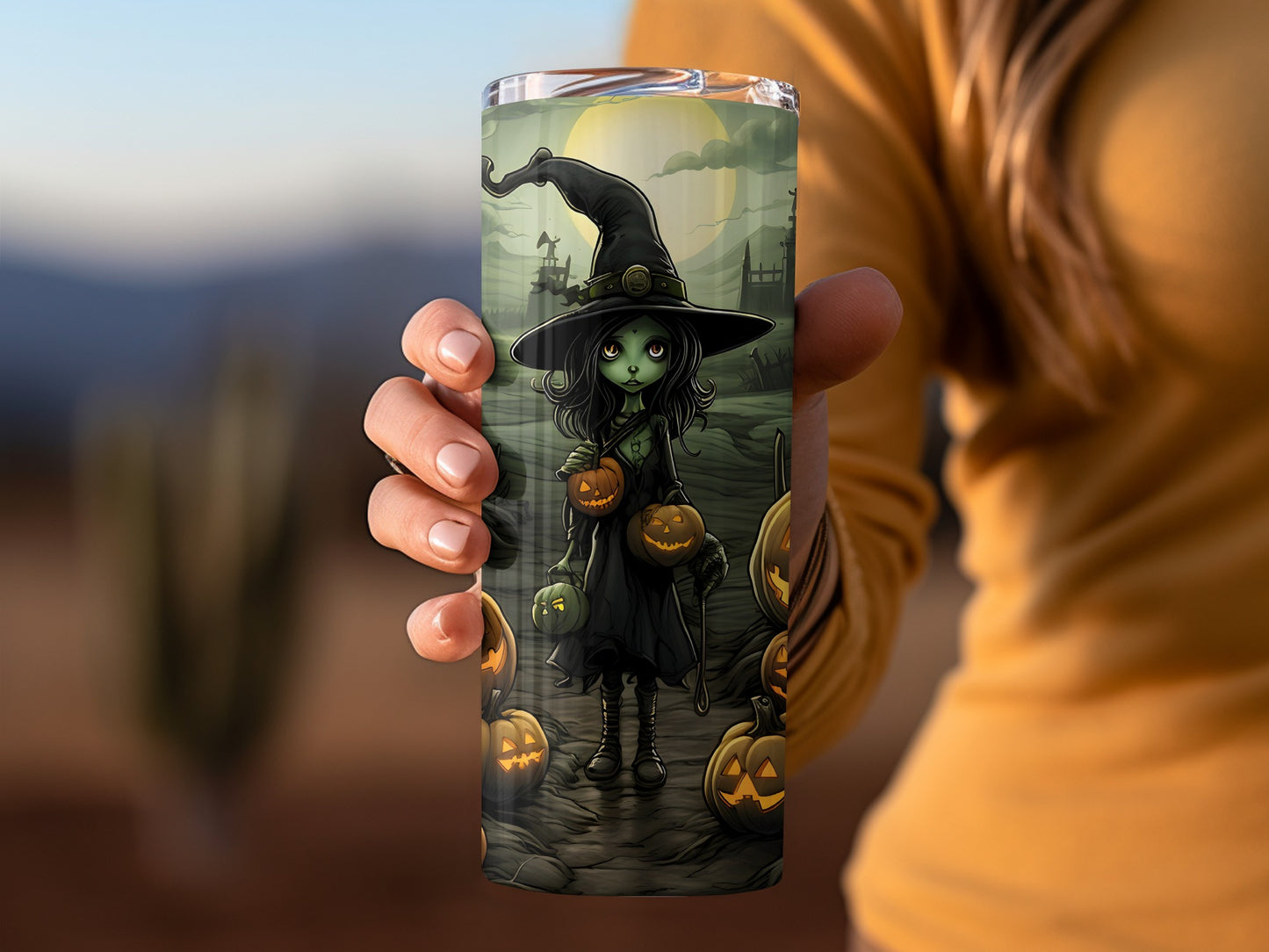 Spooky Halloween Witch with Pumpkins Tumbler Cup