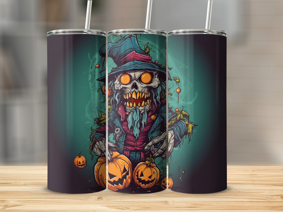 Three tumblers featuring a spooky zombie scarecrow and jack-o'-lanterns.
