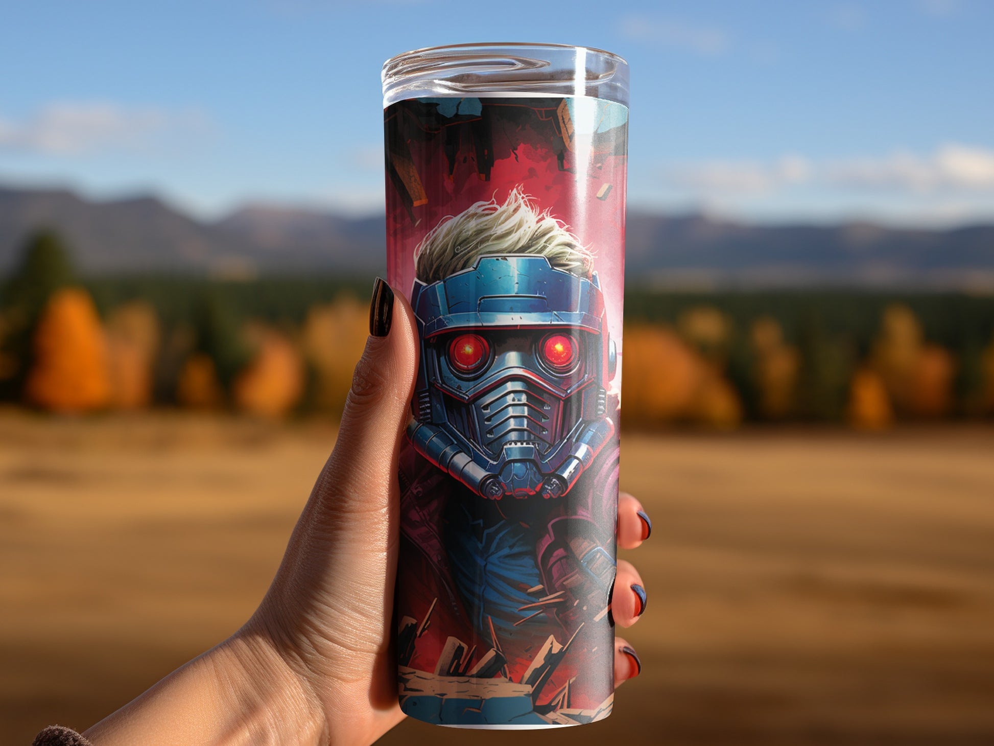 Futuristic masked character design tumbler product