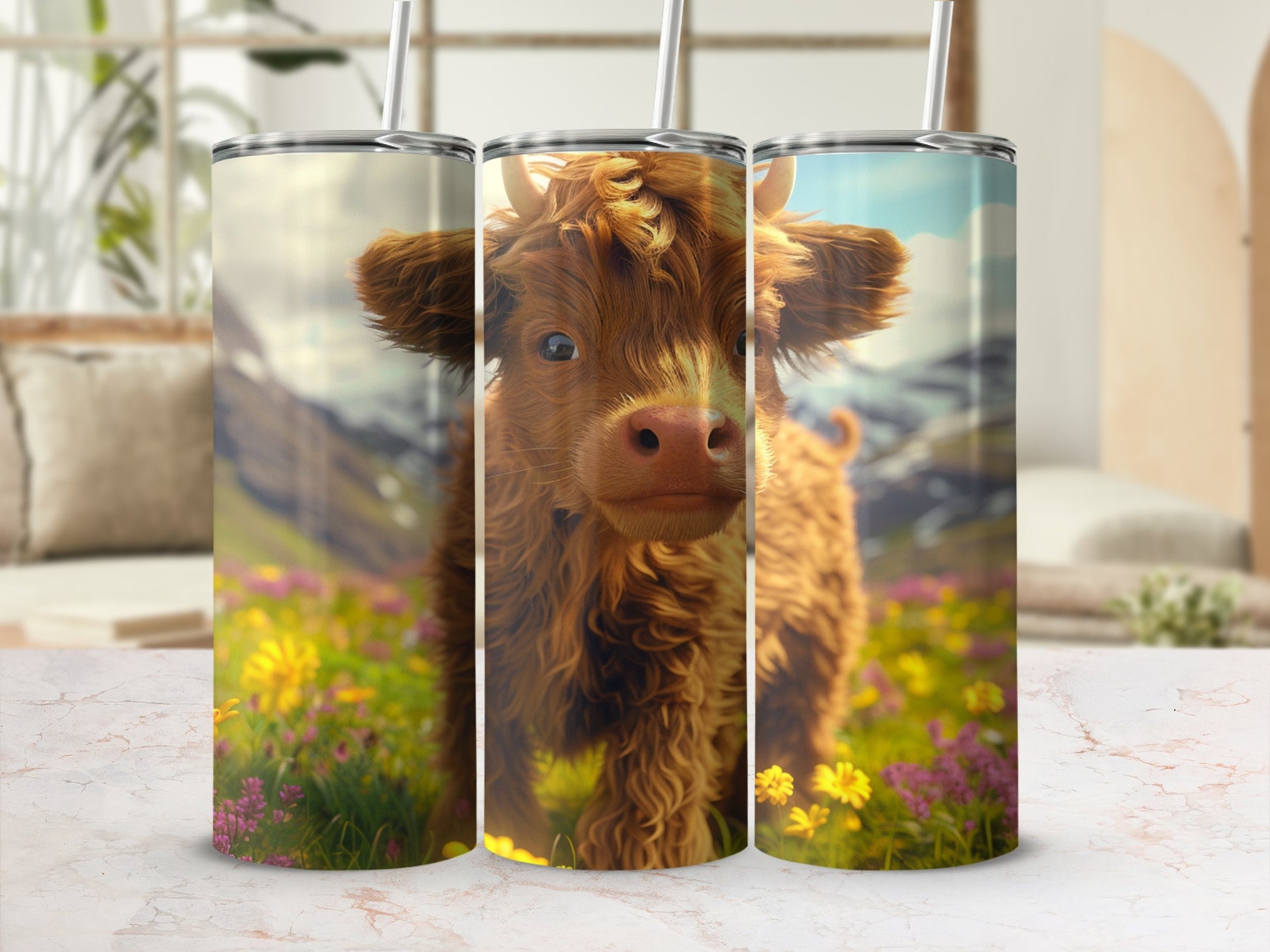 Young Highland cow with fluffy fur in a meadow of wildflowers.
