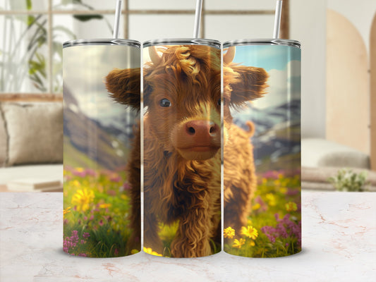 Young Highland cow with fluffy fur in a meadow of wildflowers.