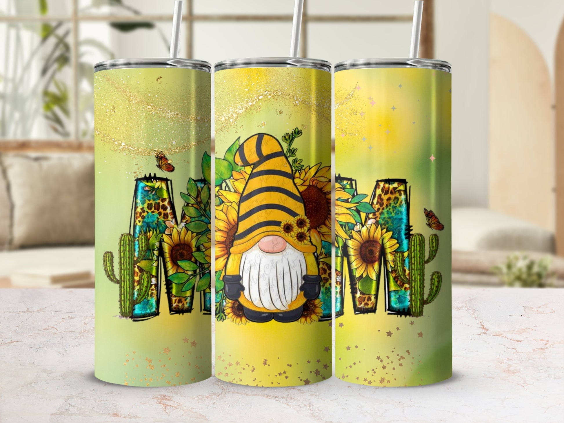 Sunflower Gnome Art Design Insulated Tumbler Cup