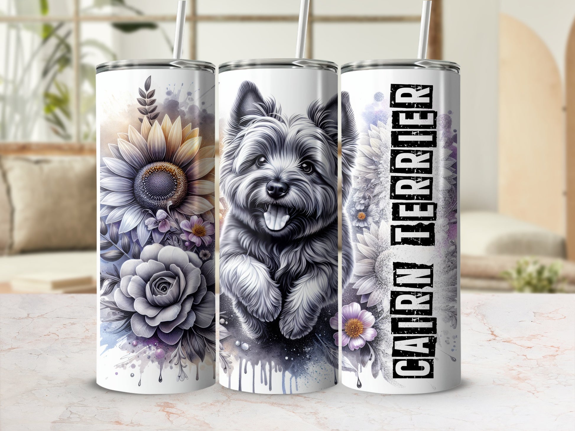 Cairn Terrier with sunflowers and roses on a tumbler.