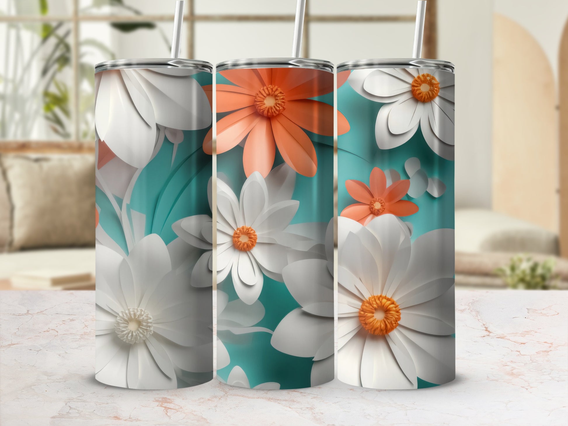 Floral Daisy Design Tumbler with Straw 20oz Tumbler
