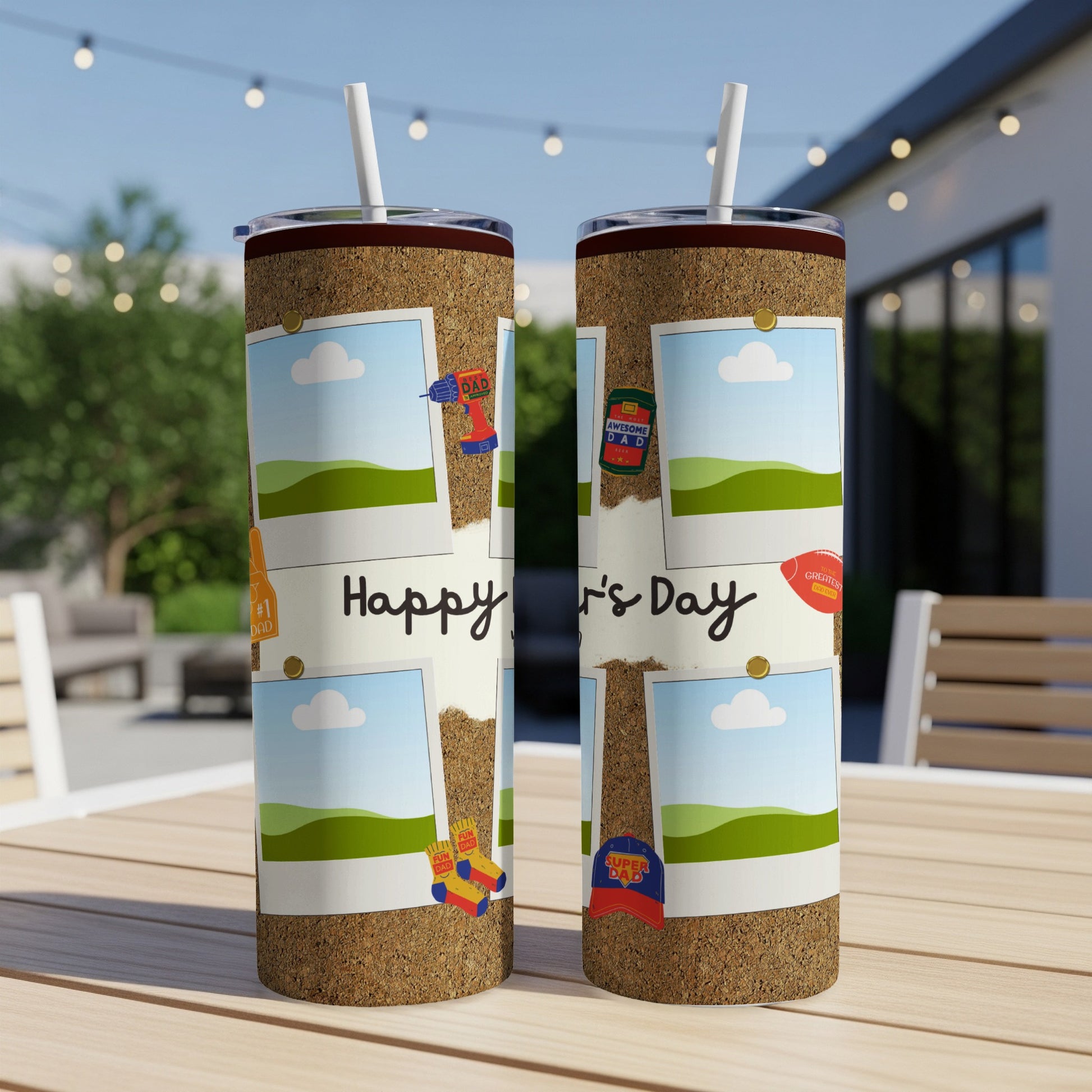Two tumblers with a "Happy Father's Day" design and various dad-themed icons.