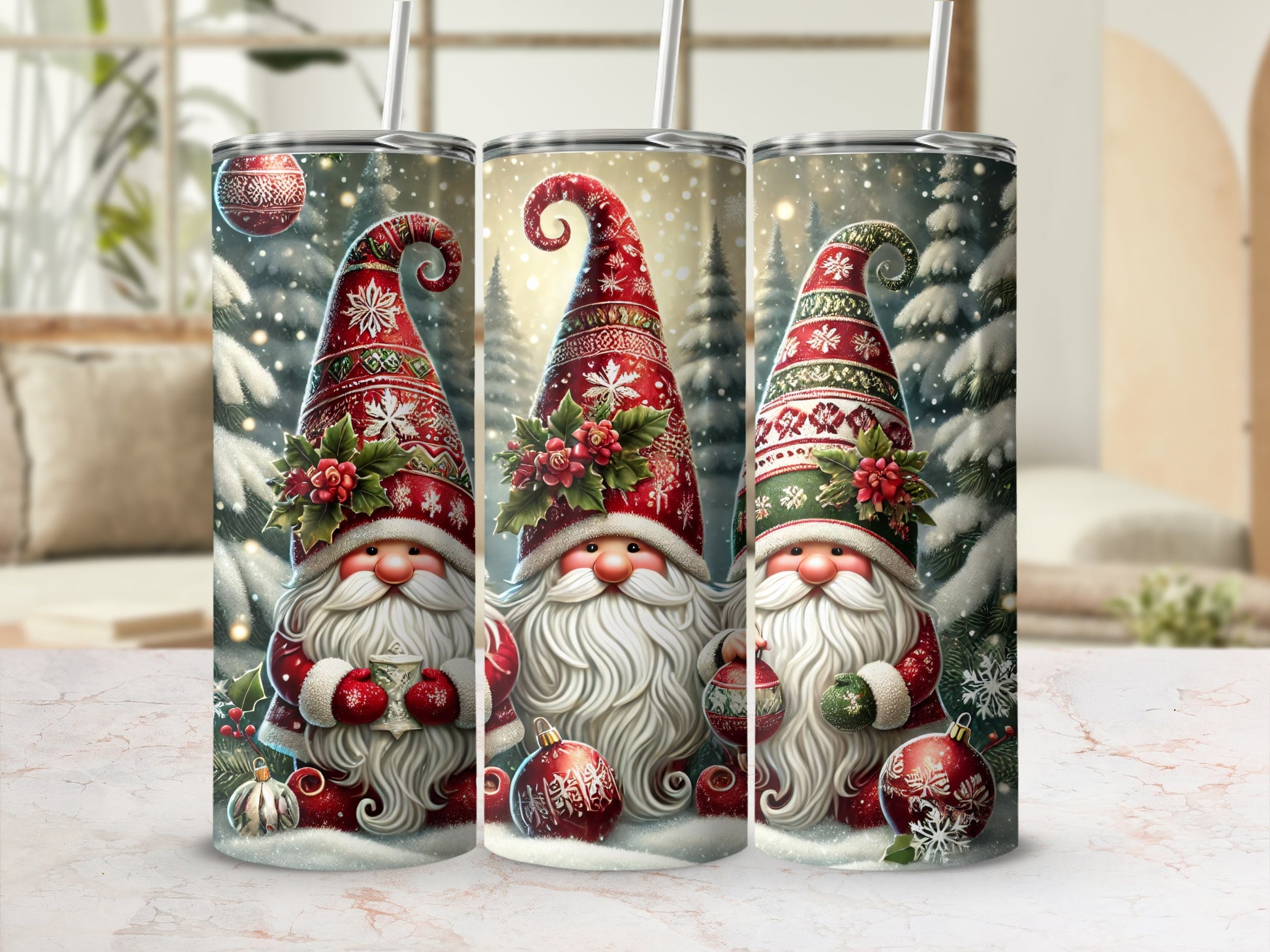 Three gnomes in festive hats hold ornaments against a snowy forest background.
