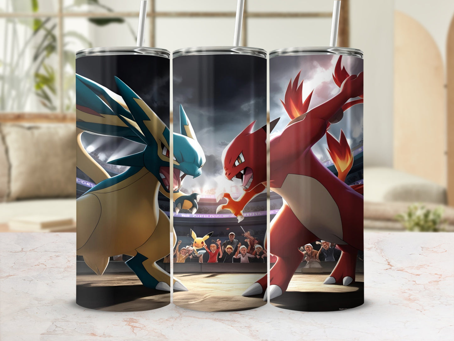 Two Pokémon, one yellow and blue, the other red, battle in an arena.