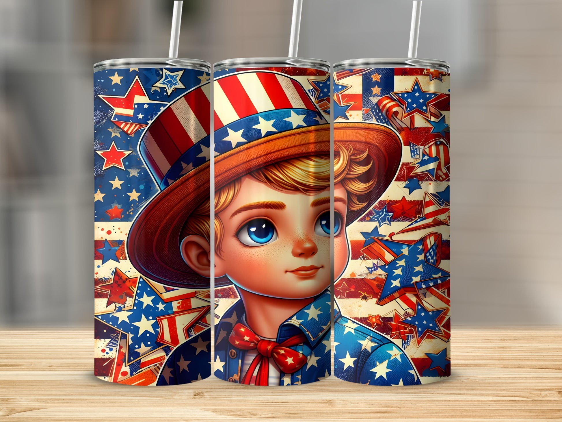 Patriotic boy in hat and bowtie surrounded by American flag stars and stripes.
